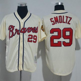 Mitchell And Ness Braves 29 John Smoltz Cream Throwback Stitched MLB